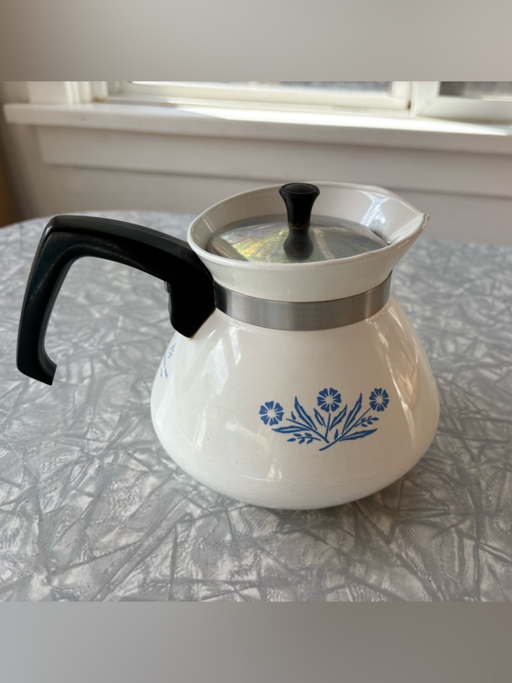 Corningware White Ceramic Percolator Teapot with Blue Cornflower Design